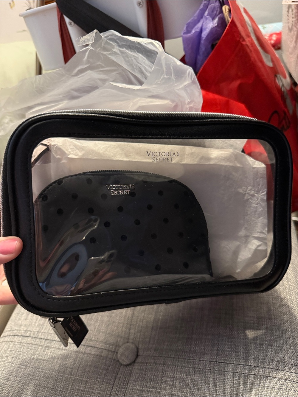 Victoria's Secret Clear Cosmetic Bag with Black Polka-Dot Pouch
